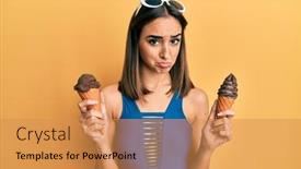  Presentation with ice cream cones - Colorful presentation design enhanced with young-brunette-girl-wearing-swimwear backdrop and a gold colored foreground