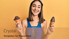  Presentation with ice cream cones - Slide deck enhanced with young-brunette-girl-wearing-swimwear background and a gold colored foreground