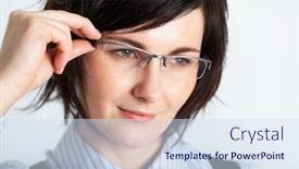  Presentation with studio - PPT layouts featuring young brunette holds her glasses studio shoot on grey background background and a sky blue colored foreground