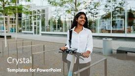  Presentation with electric scooter - Slide deck with young-brunette-indian-woman-smiling background and a gray colored foreground
