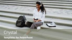  Presentation with indian woman - Slide deck having young-brunette-indian-woman-using background and a gray colored foreground