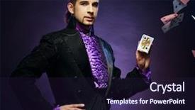  Presentation with stage shows - Presentation design enhanced with young brunette magician in stage costume showing card tricks background and a wine colored foreground