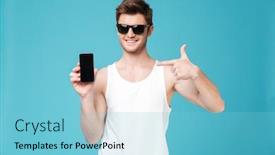  Presentation with finger - Amazing slide deck having young-brunette-man-in-sunglasses backdrop and a light blue colored foreground