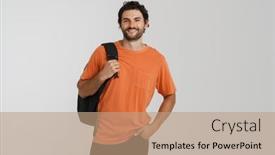  Presentation with backpack - PPT layouts featuring young-brunette-man-smiling background and a coral colored foreground