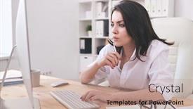  Presentation with project manager - Slide deck enhanced with young-brunette-manager-focused background and a coral colored foreground