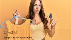  Presentation with woman sad - Colorful PPT theme enhanced with young-brunette-shopkeeper-woman-holding backdrop and a yellow colored foreground