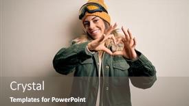  Presentation with white snow - Presentation with young-brunette-skier-woman-wearing background and a gray colored foreground