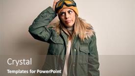  Presentation with white snow - Beautiful PPT theme featuring young-brunette-skier-woman-wearing backdrop and a gray colored foreground