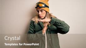  Presentation with white snow - Cool new presentation design with young-brunette-skier-woman-wearing backdrop and a coral colored foreground