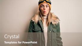  Presentation with white snow - Presentation featuring young-brunette-skier-woman-wearing background and a coral colored foreground