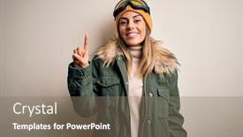  Presentation with sports wear ski goggles - Audience pleasing presentation design consisting of young-brunette-skier-woman-wearing backdrop and a coral colored foreground