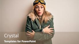  Presentation with sad woman - PPT theme featuring young-brunette-skier-woman-wearing background and a coral colored foreground