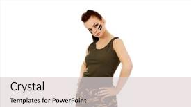  Presentation with futuristic combat soldier - Presentation theme enhanced with young brunette soldier serious woman background and a  colored foreground