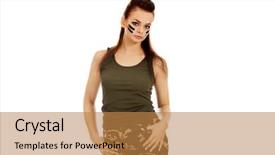  Presentation with futuristic combat soldier - Beautiful presentation theme featuring young brunette soldier serious woman backdrop and a  colored foreground