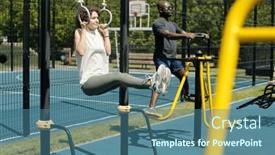  Presentation with sports - PPT theme consisting of young-brunette-sportswoman-hanging background and a ocean colored foreground