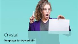  Presentation with happy young student girl holding - Cool new slides with young brunette student girl wearing school uniform holding blank paper over isolated background surprised with an idea or question pointing finger with happy face number one backdrop and a arctic colored foreground