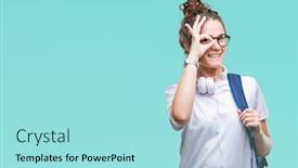  Presentation with happy young student girl holding - PPT layouts featuring young brunette student girl wearing backpack and headphones over isolated background doing ok gesture with hand smiling eye looking through fingers with happy face background and a arctic colored foreground