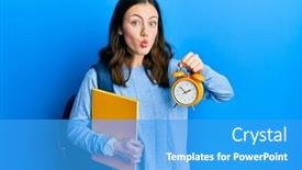  Presentation with clock face - Presentation featuring young-brunette-student-woman-holding background and a teal colored foreground