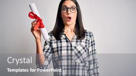  Presentation with diploma - Amazing PPT theme having young-brunette-student-woman backdrop and a gray colored foreground