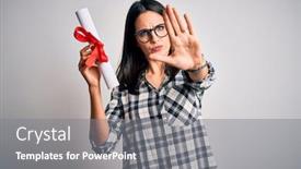  Presentation with blue eyes - Slide deck having young-brunette-student-woman background and a gray colored foreground