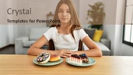  Presentation with eating - Presentation theme with young-brunette-teenager-eating-cakes background and a coral colored foreground