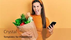  Presentation with cheerful - Theme with young-brunette-teenager-holding-bag background and a gold colored foreground