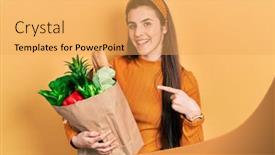  Presentation with paper bag - PPT theme featuring young-brunette-teenager-holding-paper background and a yellow colored foreground