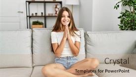  Presentation with praying hands - PPT theme featuring young-brunette-teenager-sitting background and a coral colored foreground