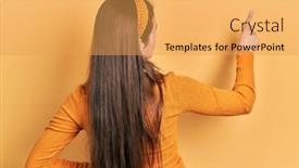  Presentation with finger - Theme having young-brunette-teenager-wearing-casual background and a yellow colored foreground