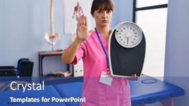  Presentation with defense - PPT theme consisting of young-brunette-woman-as-nutritionist background and a  colored foreground