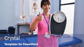  Presentation with machine - Presentation having young-brunette-woman-as-nutritionist background and a  colored foreground