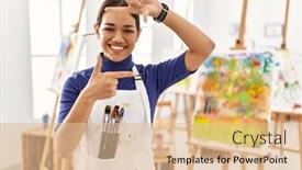  Presentation with art - Presentation with young-brunette-woman-at-art background and a lemonade colored foreground