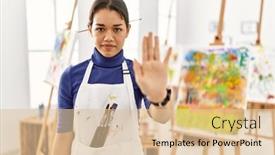  Presentation with hand palm - Slide set with young-brunette-woman-at-art background and a lemonade colored foreground