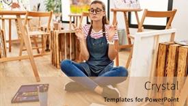  Presentation with art - Slide set consisting of young-brunette-woman-at-art background and a  colored foreground