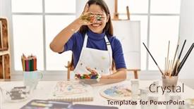  Presentation with art - PPT theme with young-brunette-woman-at-art background and a lemonade colored foreground