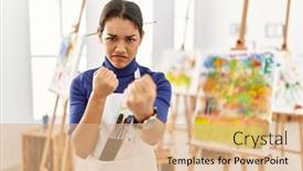  Presentation with art - Slide set enhanced with young-brunette-woman-at-art background and a  colored foreground