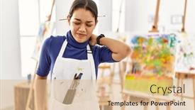  Presentation with art - PPT layouts consisting of young-brunette-woman-at-art background and a  colored foreground