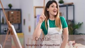  Presentation with art - Presentation theme enhanced with young-brunette-woman-at-art background and a coral colored foreground