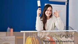  Presentation with room cleaning - PPT theme with young-brunette-woman-at-laundry background and a coral colored foreground