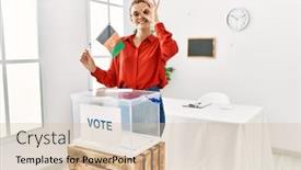  Presentation with box - Slide deck having young-brunette-woman-by-ballot background and a  colored foreground