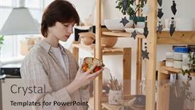  Presentation with gift - Presentation consisting of young-brunette-woman-choosing-gift background and a coral colored foreground