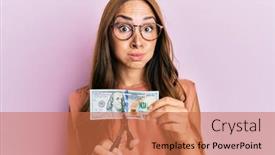  Presentation with air - Slide deck having young-brunette-woman-cutting-dollars background and a coral colored foreground