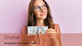  Presentation with currency devaluation rupee - PPT theme enhanced with young-brunette-woman-cutting-dollars background and a red colored foreground
