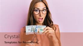  Presentation with mouth - Audience pleasing slide set consisting of young-brunette-woman-cutting-dollars backdrop and a coral colored foreground