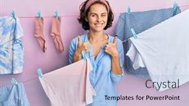  Presentation with laundry - Slide set featuring young-brunette-woman-doing-laundry background and a light blue colored foreground