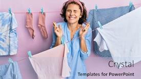  Presentation with laundry - Presentation design enhanced with young-brunette-woman-doing-laundry background and a light blue colored foreground