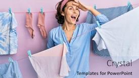  Presentation with far away - Slide set enhanced with young-brunette-woman-doing-laundry background and a light blue colored foreground