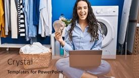  Presentation with laundry - Presentation theme featuring young-brunette-woman-doing-laundry background and a coral colored foreground