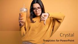  Presentation with yellow orange - PPT layouts enhanced with young-brunette-woman-drinking-fresh background and a gold colored foreground