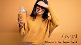  Presentation with yellow orange - Audience pleasing presentation design consisting of young-brunette-woman-drinking-fresh backdrop and a gold colored foreground